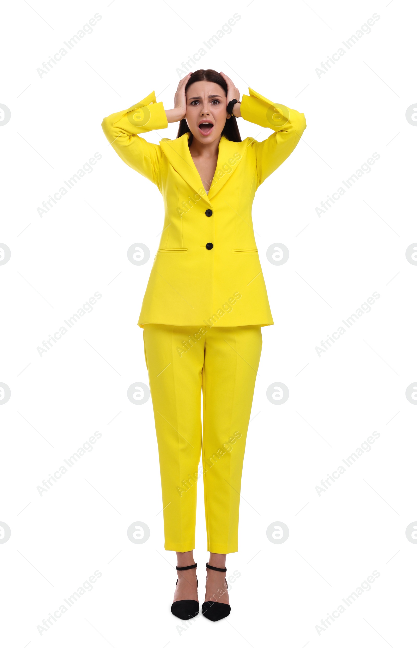 Photo of Beautiful businesswoman in yellow suit on white background