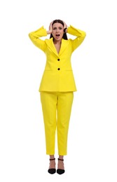 Photo of Beautiful businesswoman in yellow suit on white background