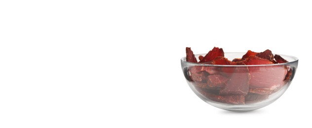Bowl of delicious beef jerky on white background. Banner design