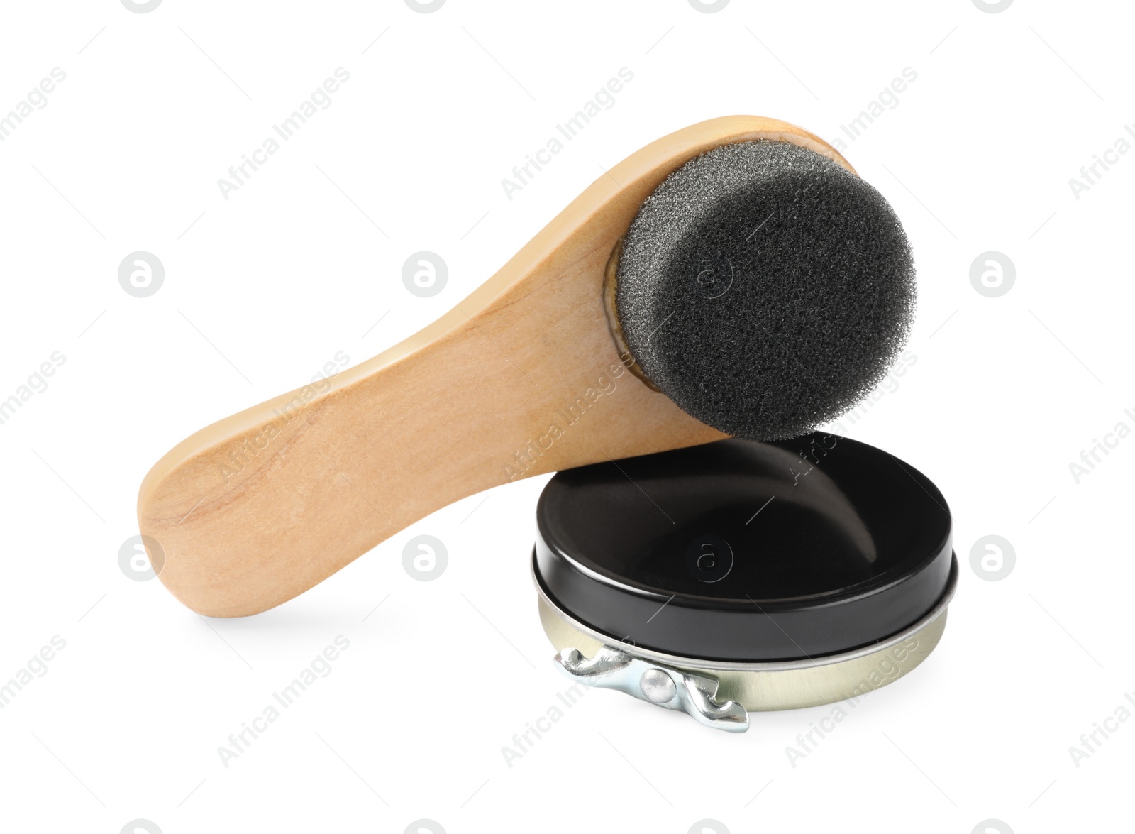 Photo of Shoe care accessories on white background. Footwear clean item