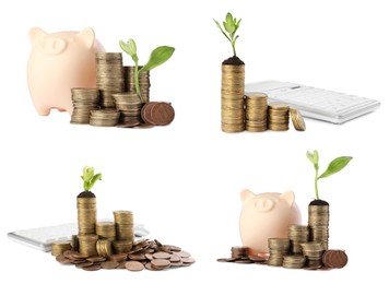 Image of Set with stacks of coins, growing plants, calculators and piggy banks on white background. Successful investment
