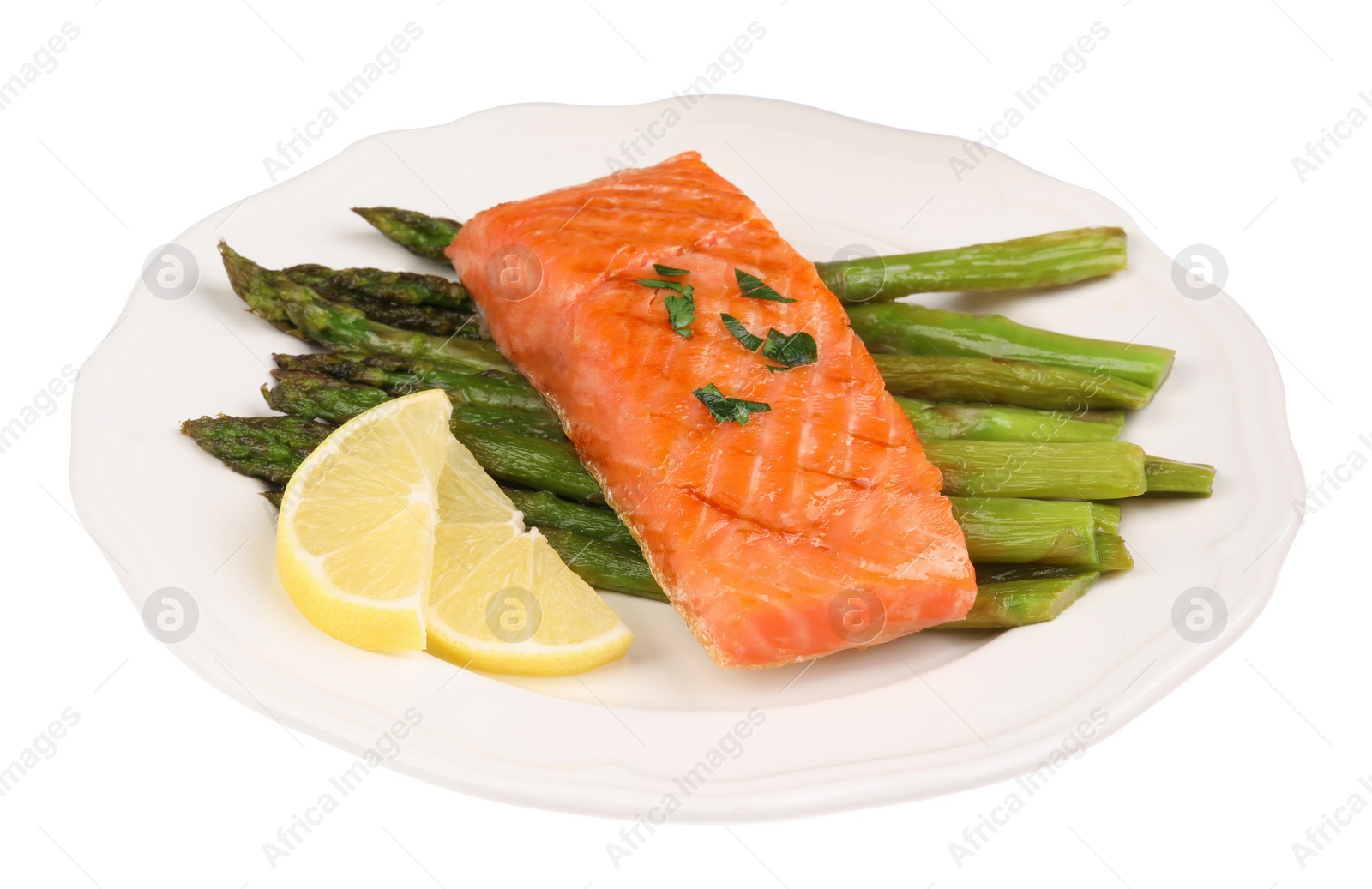 Photo of Tasty grilled salmon with asparagus and lemon isolated on white