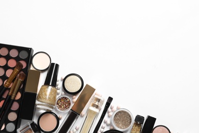 Set of luxury makeup products on white background, flat lay