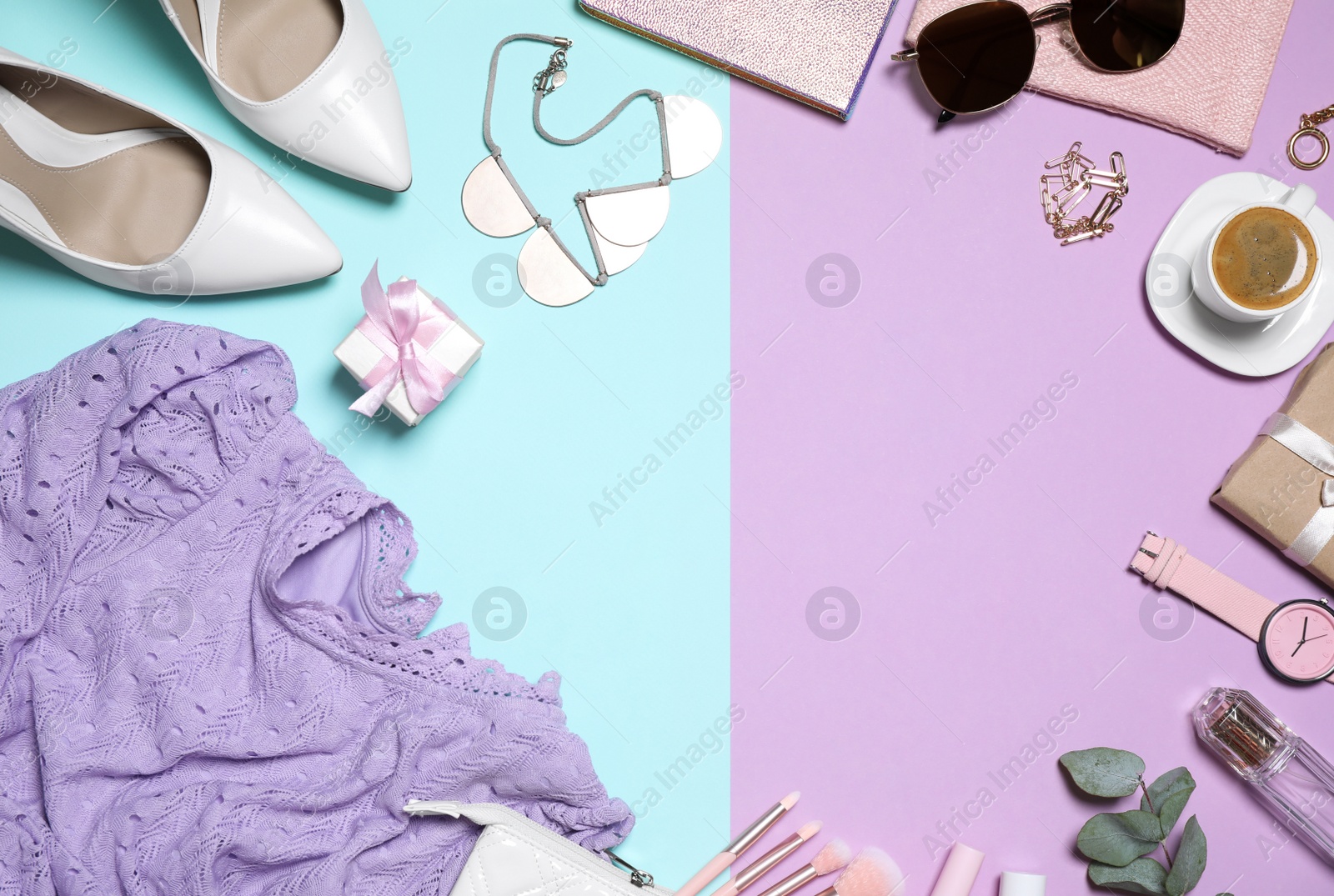 Photo of Frame of beautiful clothes and accessories on color background, flat lay. Space for text