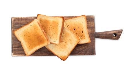 Photo of Board with slices of delicious toasted bread on white background, top view