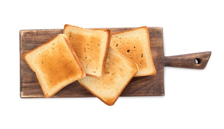 Board with slices of delicious toasted bread on white background, top view