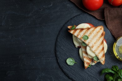 Photo of Delicious grilled sandwiches with mozzarella, tomatoes and basil on black table, flat lay. Space for text