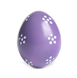 Photo of Purple egg with floral pattern isolated on white. Easter symbol