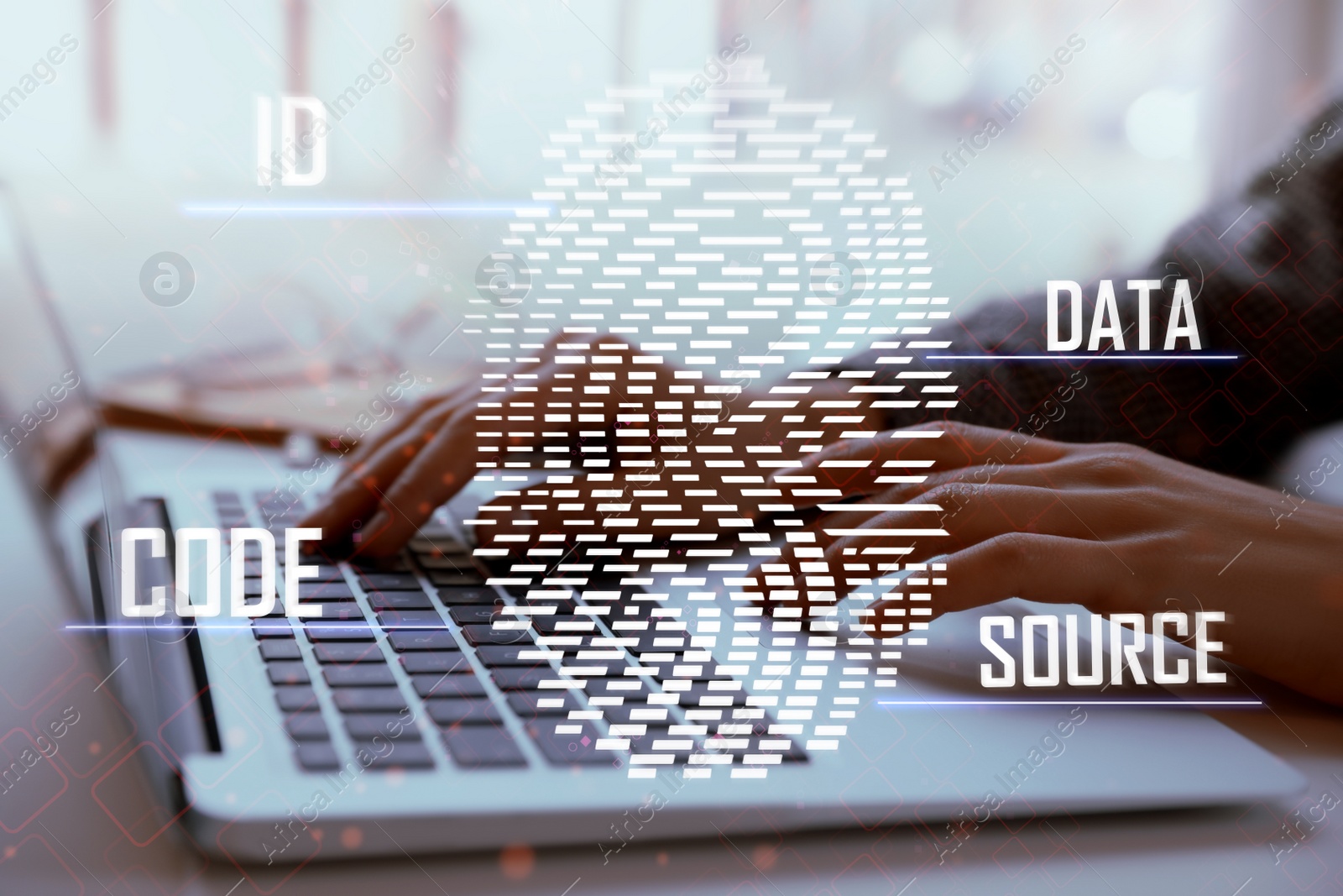 Image of Fingerprint identification. Woman working with laptop at table indoors, closeup