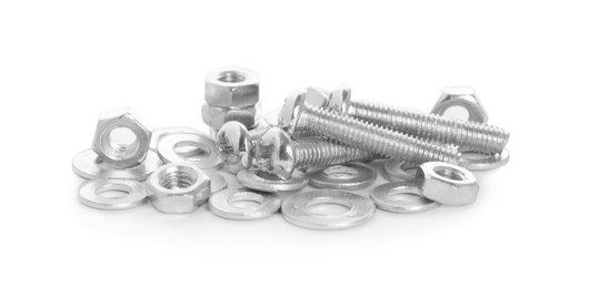 Photo of Many metal bolts and nuts on white background