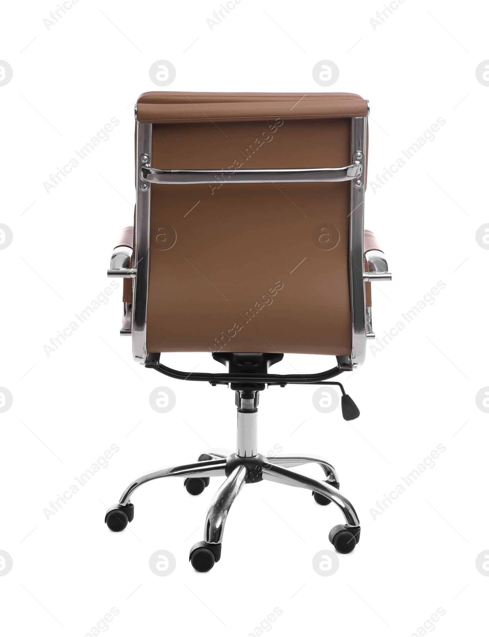 Photo of Comfortable leather office chair isolated on white, back view