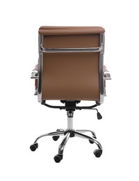 Photo of Comfortable leather office chair isolated on white, back view