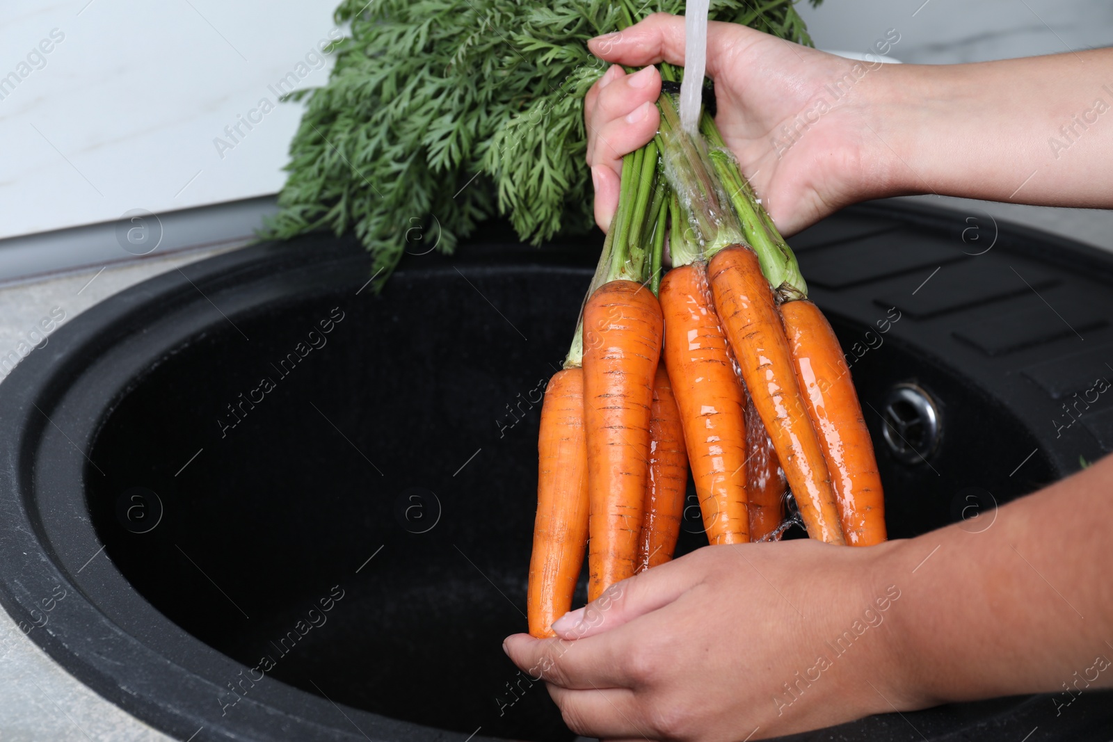 Photo of Woman washing ripe carrots with running water in sink, closeup