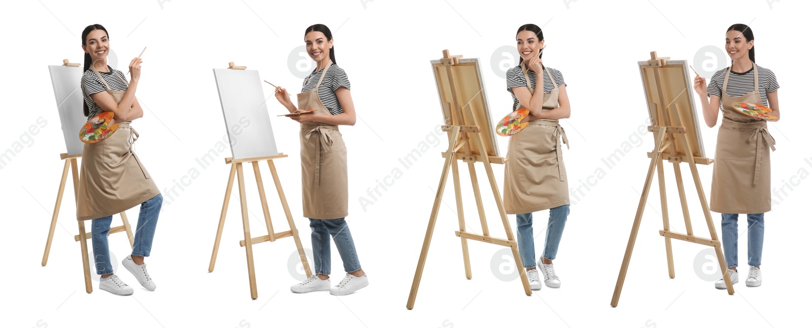 Image of Young woman drawing on easel against white background, collage. Banner design