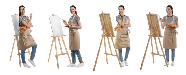 Image of Young woman drawing on easel against white background, collage. Banner design