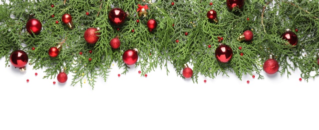 Thuja branches with Christmas decorations on white background, flat lay