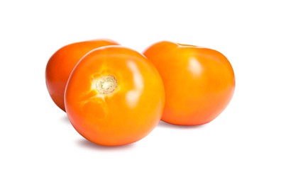 Photo of Fresh ripe yellow tomatoes on white background