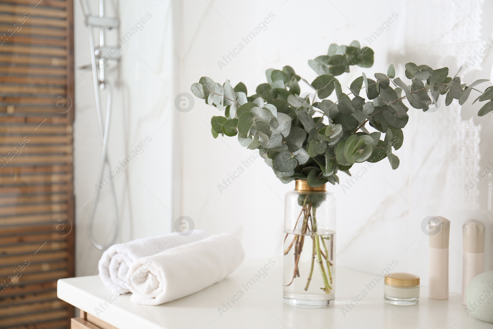 Photo of Fresh eucalyptus branches on countertop in bathroom