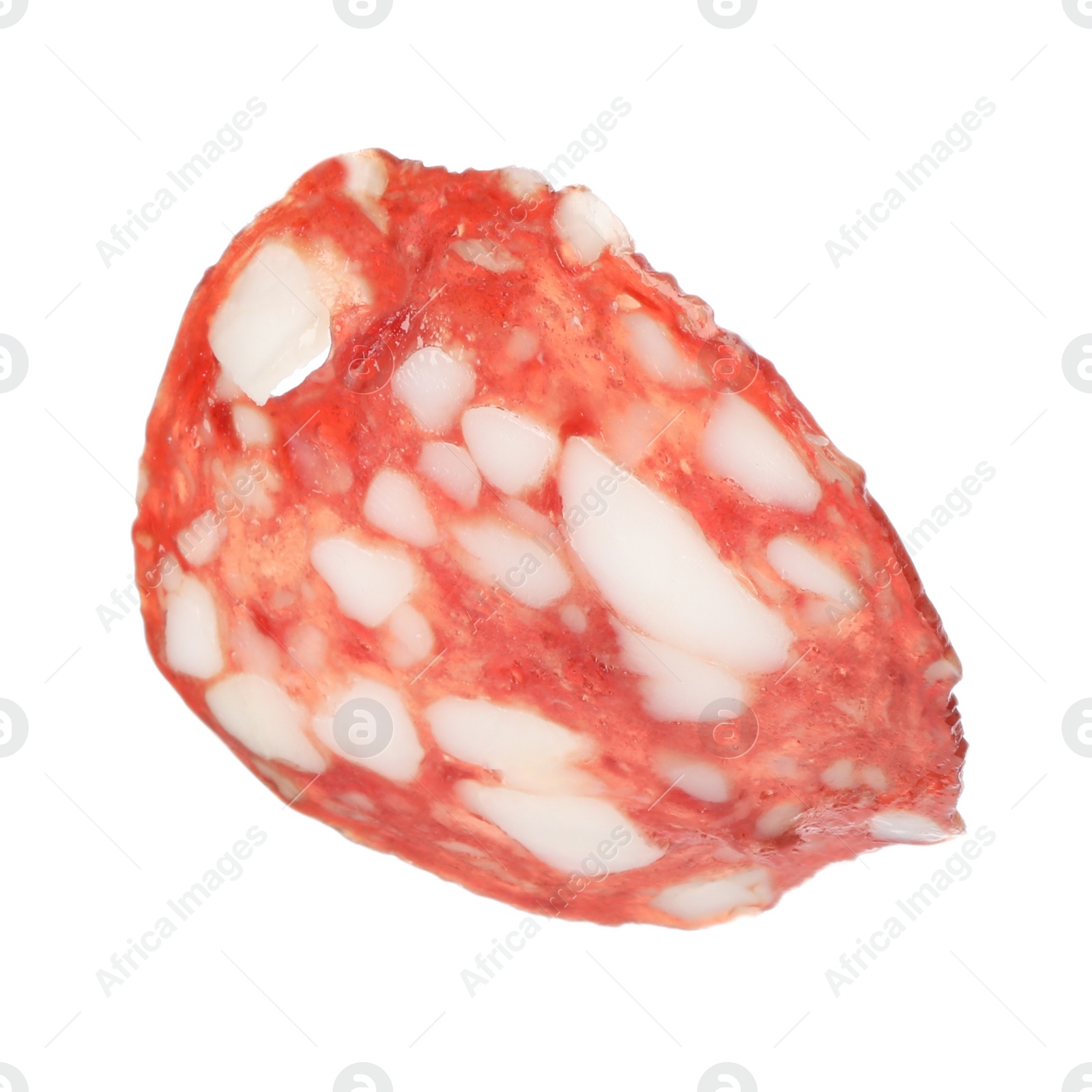 Photo of Cut fresh tasty sausage on white background