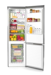 Open refrigerator with many different products on white background