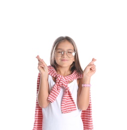 Portrait of emotional preteen girl against white background