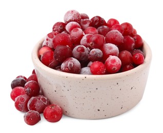 Photo of Frozen red cranberries in bowl isolated on white