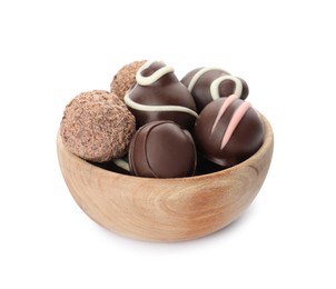 Photo of Many different delicious chocolate truffles in bowl on white background