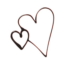 Photo of Hearts made of dark chocolate on white background, top view