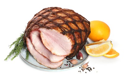 Photo of Delicious baked ham, orange, garlic and rosemary isolated on white