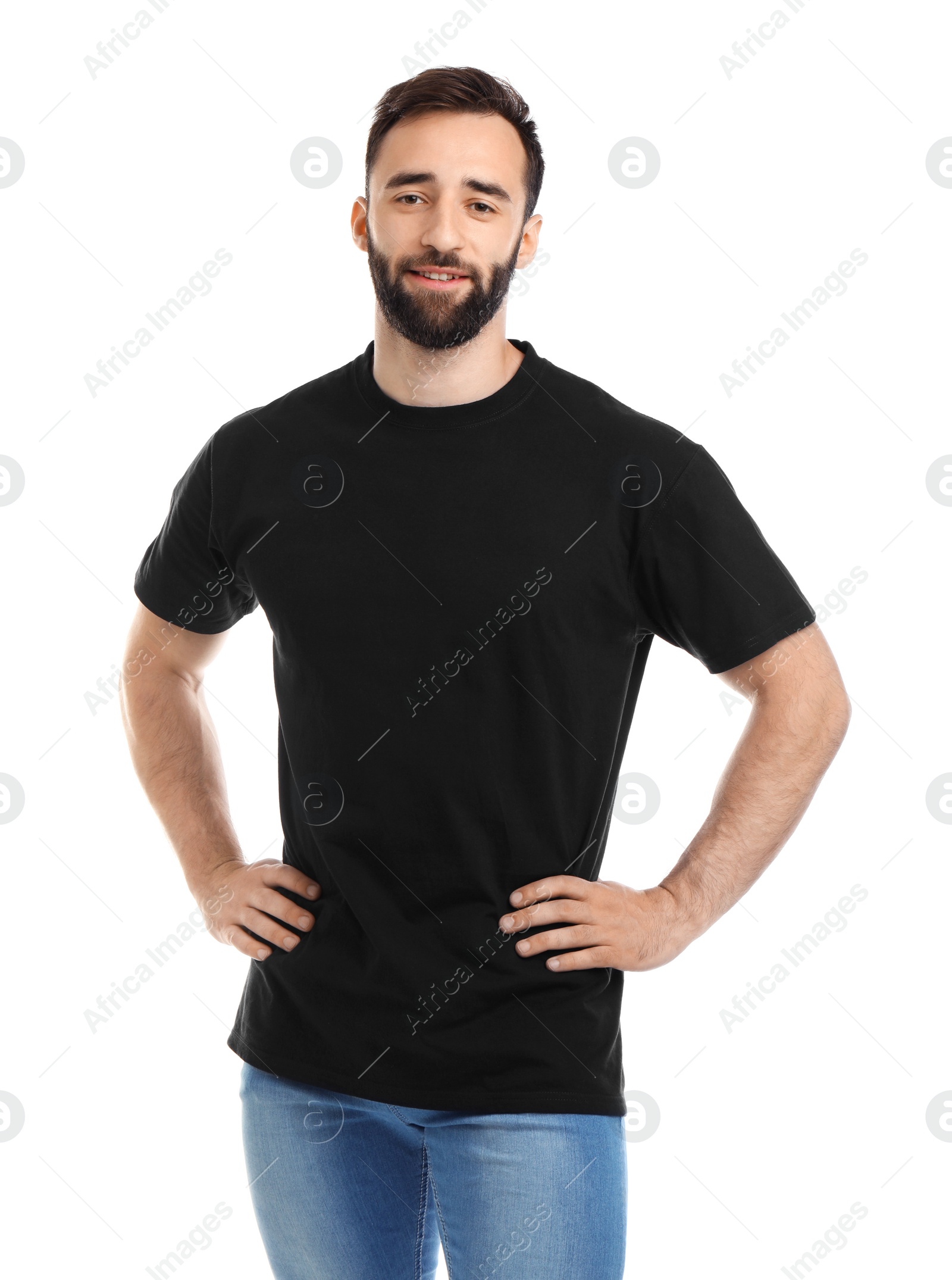 Photo of Young man in t-shirt on white background. Mockup for design