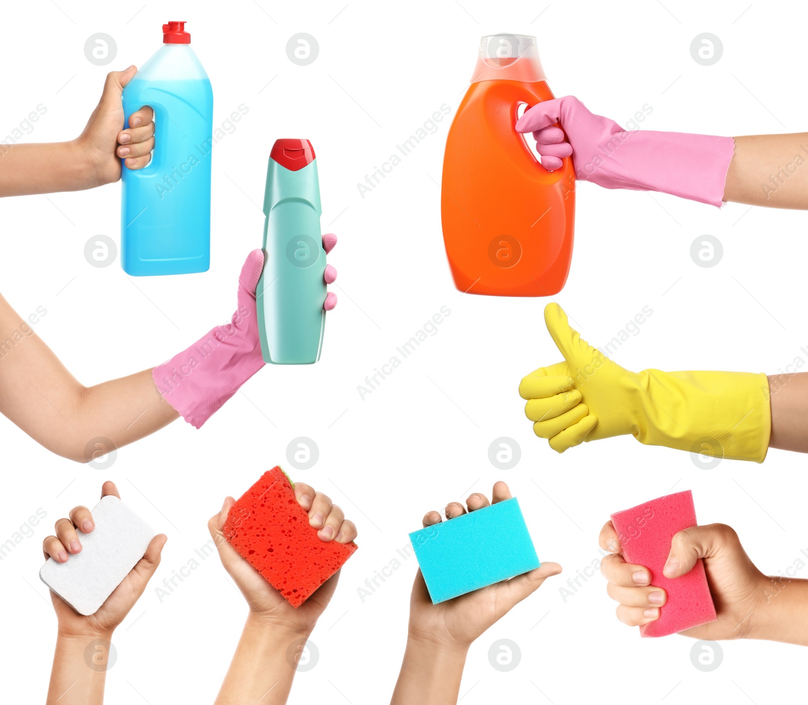 Image of Collage with photos of people holding cleaning supplies on white background, closeup