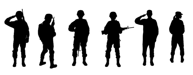 Collage with silhouettes of military soldiers on white background, banner. Military service