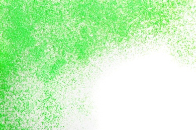 Photo of Green glitter on white background, top view