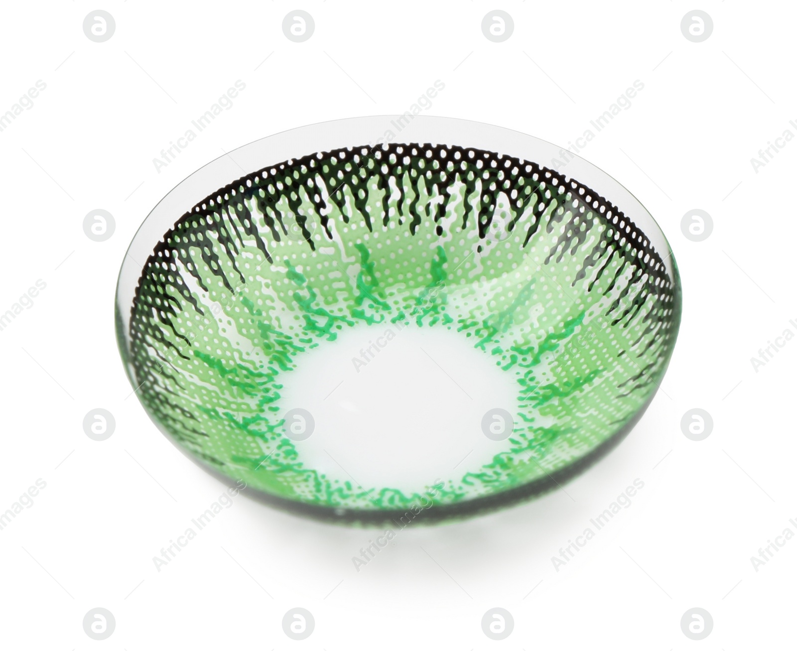 Photo of One green contact lens isolated on white