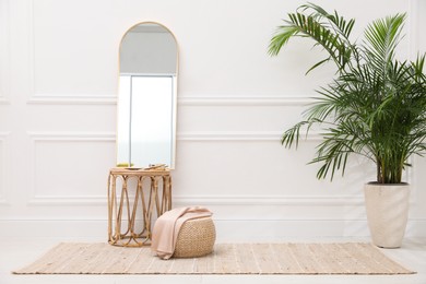 Photo of Stylish room interior with beige rug, mirror and plant