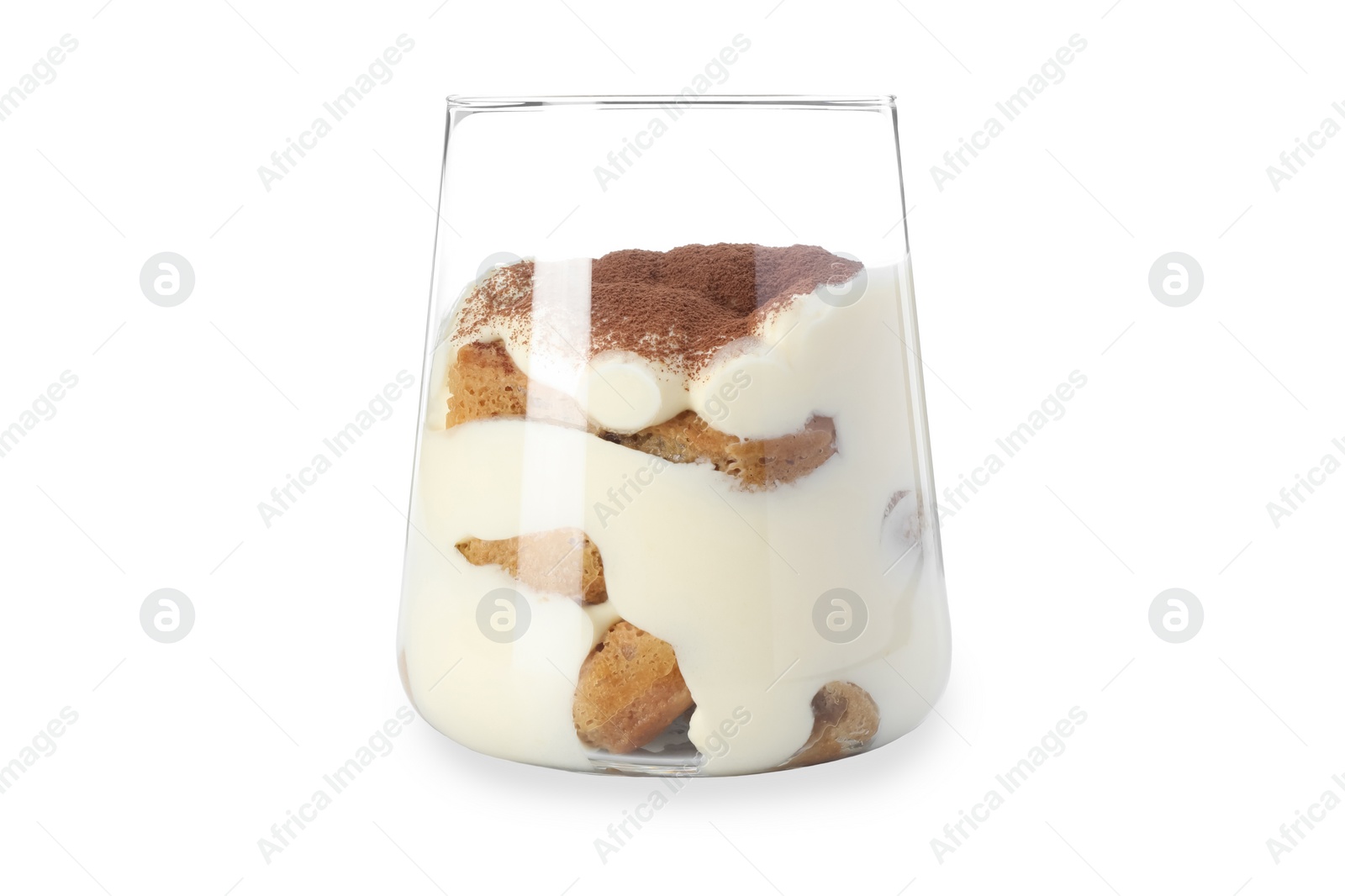 Photo of Delicious tiramisu in glass isolated on white