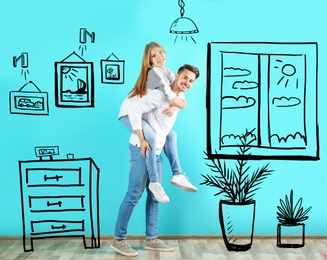 Image of Happy couple dreaming about renovation in empty room. Illustrated interior design