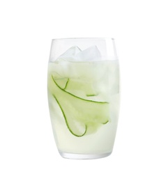 Glass of tasty martini with cucumber on white background