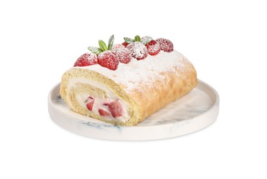 Photo of Delicious cake roll with strawberries isolated on white