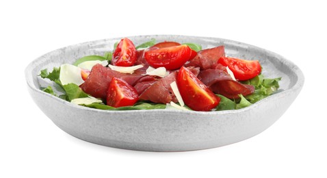 Photo of Delicious bresaola salad with tomatoes and parmesan cheese isolated on white