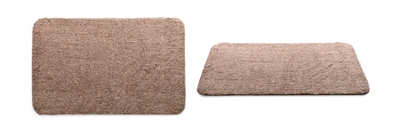 Image of New clean door mats on white background, collage. Banner design