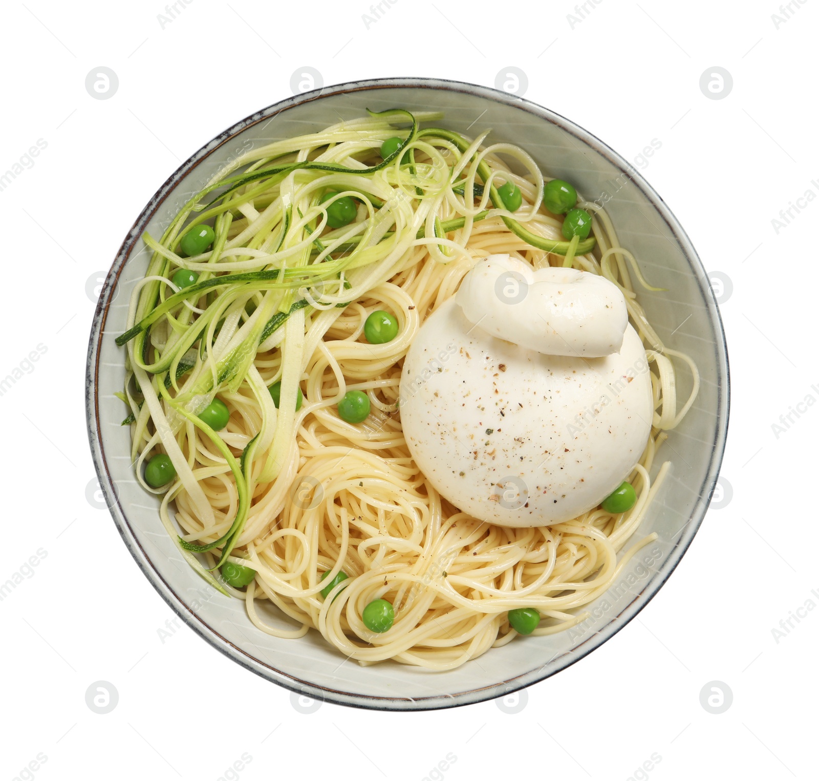Photo of Bowl of delicious pasta with burrata, peas and zucchini isolated on white, top view