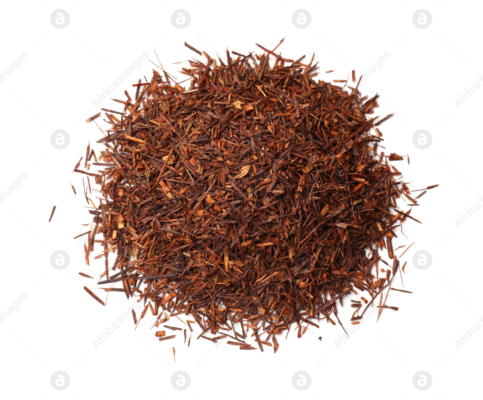 Photo of Heap of rooibos tea isolated on white, top view