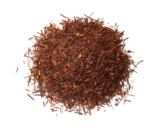 Heap of rooibos tea isolated on white, top view