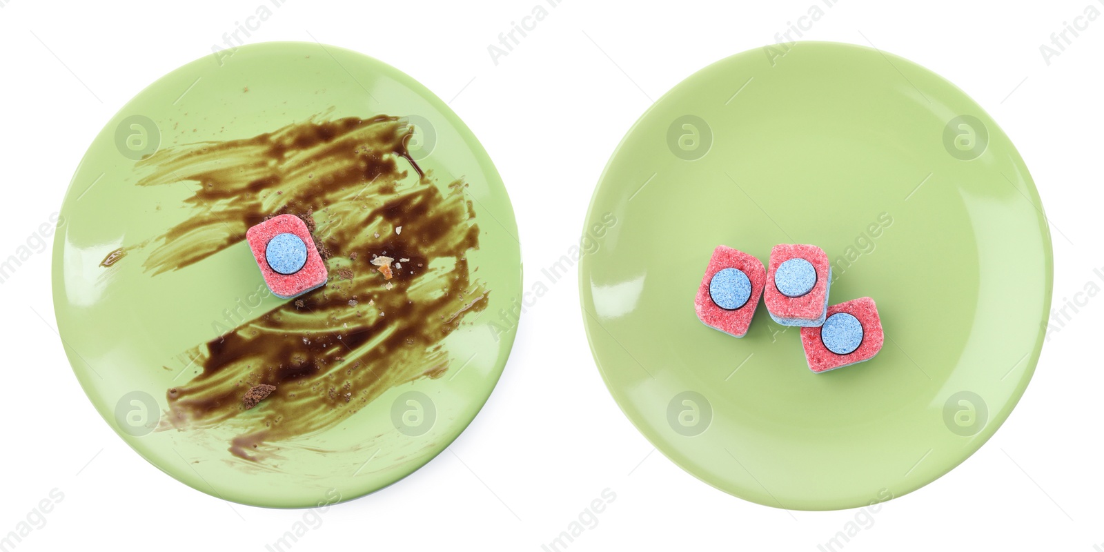 Image of Top view of dirty and clean plates with dishwasher detergent tablets on white background, collage. Banner design