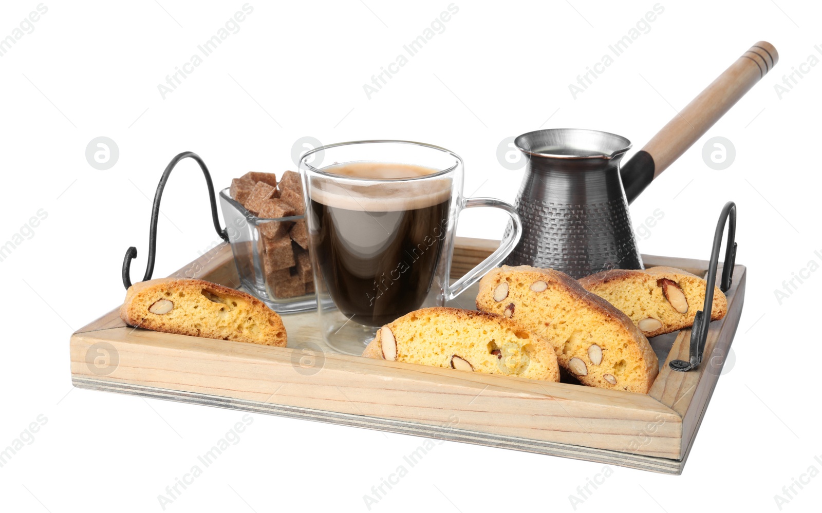 Photo of Wooden tray with tasty cantucci, aromatic coffee and brown sugar on white background. Traditional Italian almond biscuits