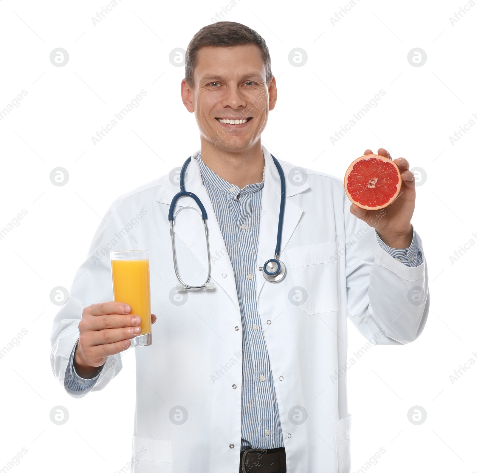 Photo of Nutritionist with glass of juice and grapefruit on white background