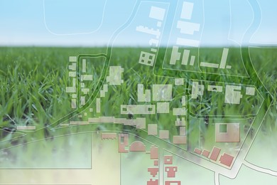 Double exposure of cadastral map and green field 