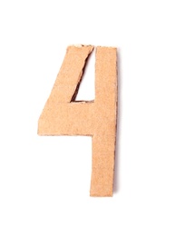Photo of Number 4 made of brown cardboard on white background