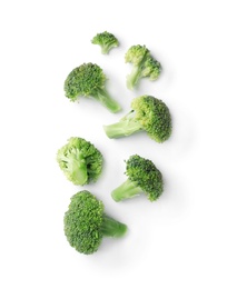 Photo of Flat lay composition with fresh green broccoli on light background